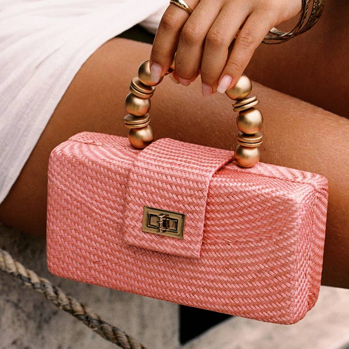 Soft Pink Statement Clutch | Buntal Straw with Bead Handle for wholesale by Soli & Sun