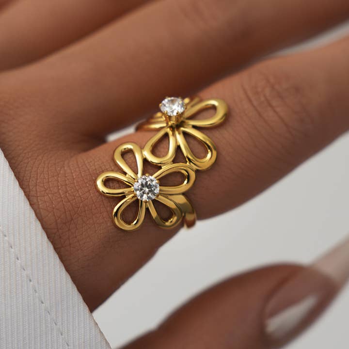 Verstelbare gouden ring met dubbele bloemenversiering met 5 bloemblaadjes voor wholesale door joya