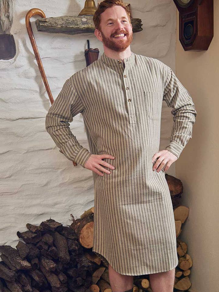Lee Valley Ireland – wholesale Nightshirt – Unisex – Flannel Nightshirt - Beige Green Maroon Stripe (LV14)