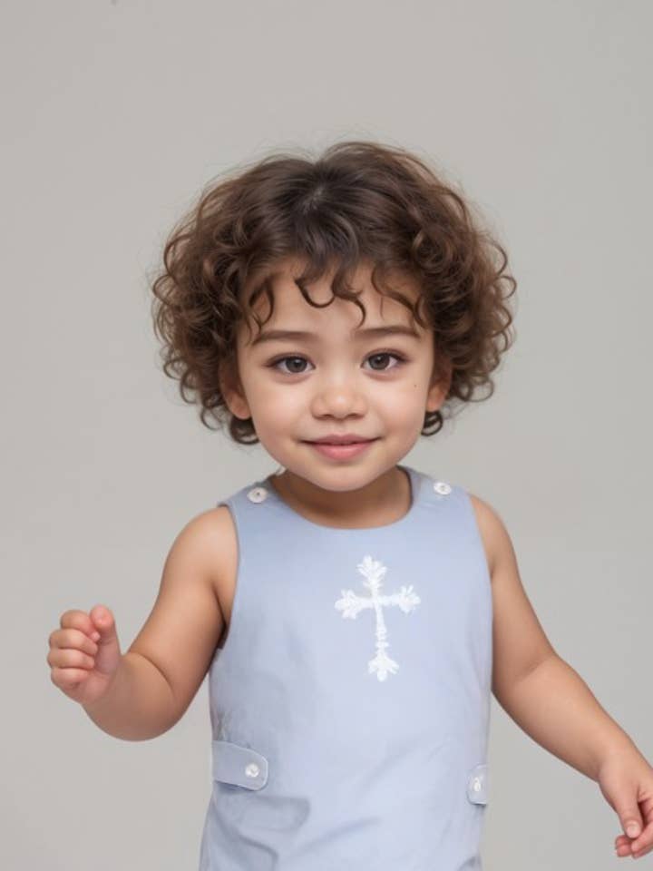 Bulle brodée croix garçon bleu clair pour la vente par Hello Bebes!