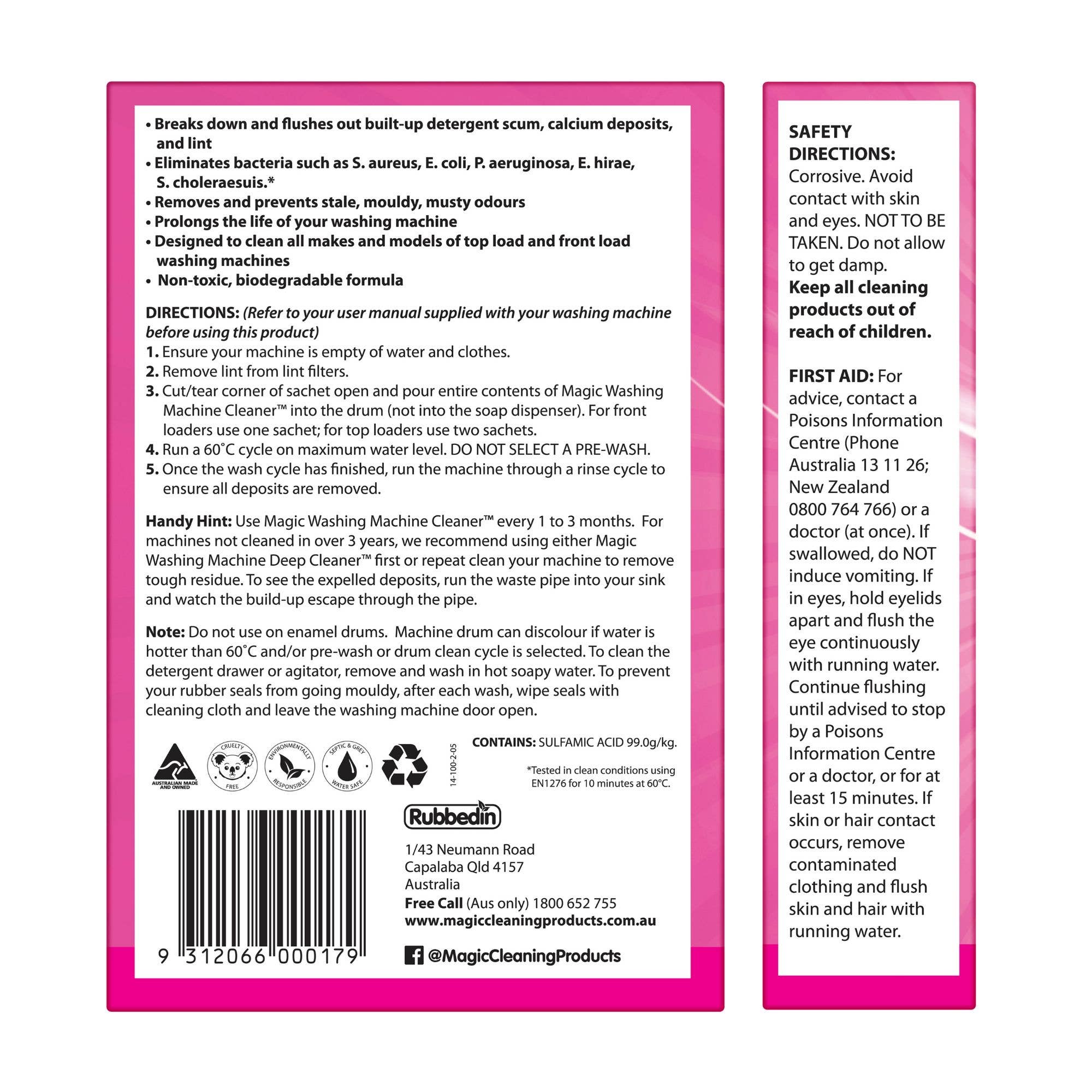 Rubbedin Cleaning - Wholesale Laundry detergent powder/pods - Magic Anti-Bacterial Washing Machine Cleaner™ 2 Sachet Box1