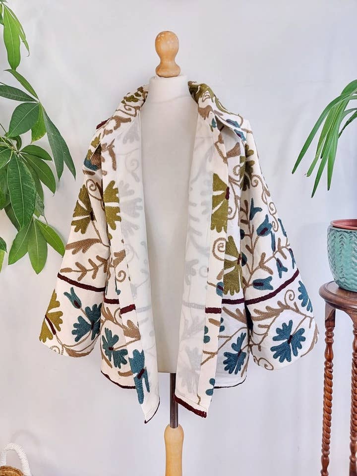 Essential Designs London – wholesale Jacket – Women's – Suzani Hand Embroidered Short Jacket | Autumn Winter Boho Uzbek Kashmir Crewel | Christmas Special Gift | Classic ElegantWhite Olive Teal3