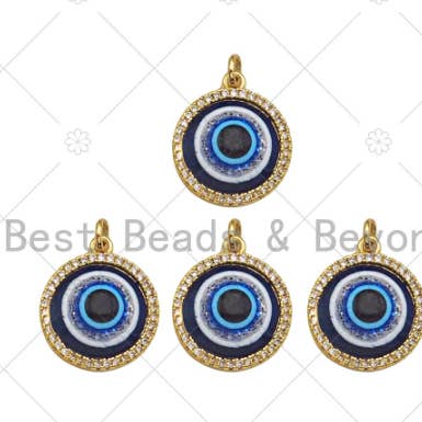 Colgante con forma de ojo malvado de esmalte cobalto CZ Micro Pave, dije de mal de ojo de oro de 18 quilates, colgante con dije de pulsera, 18 x 15 mm, SKU #Z1337 para venta al por mayor de BestBeads&Beyond