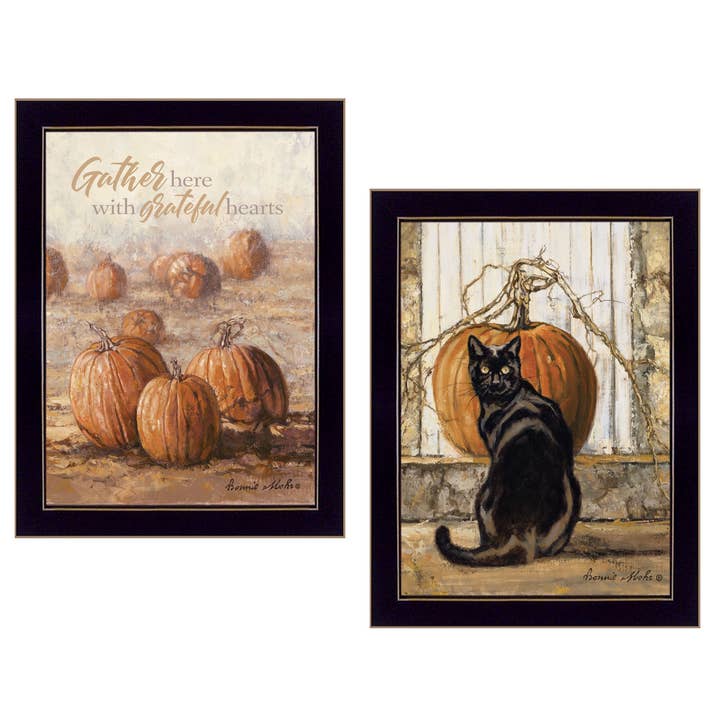 "Pumpkins with A Black Cat" 2-Piece Vignette by Bonnie Mohr, for wholesale by Trendy Decor 4U
