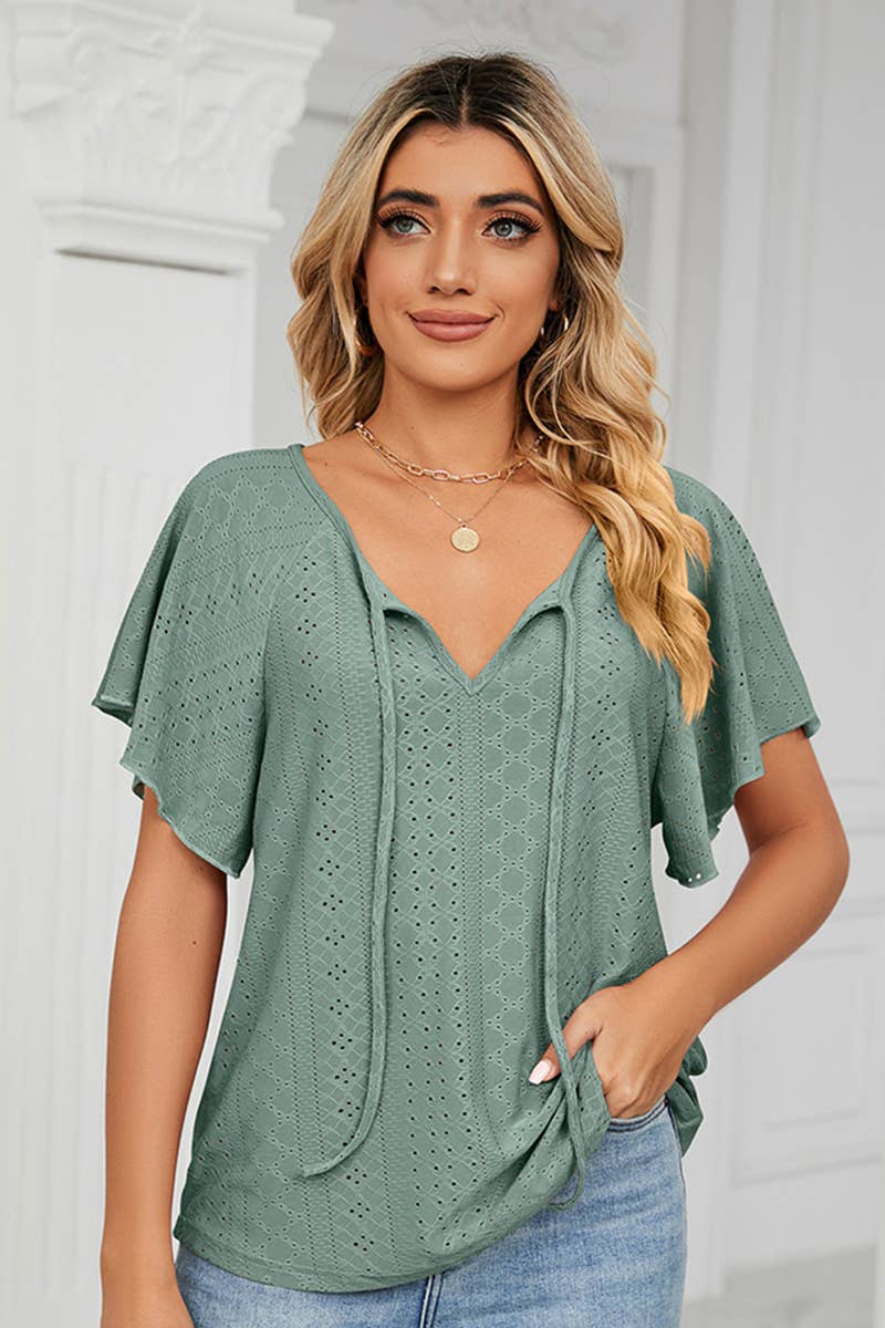 Lily Clothing - Wholesale Blouse - Women's - CWTTS0472_V NECK PUNCHING LACE UP RUFFLE LOOSE TOP8