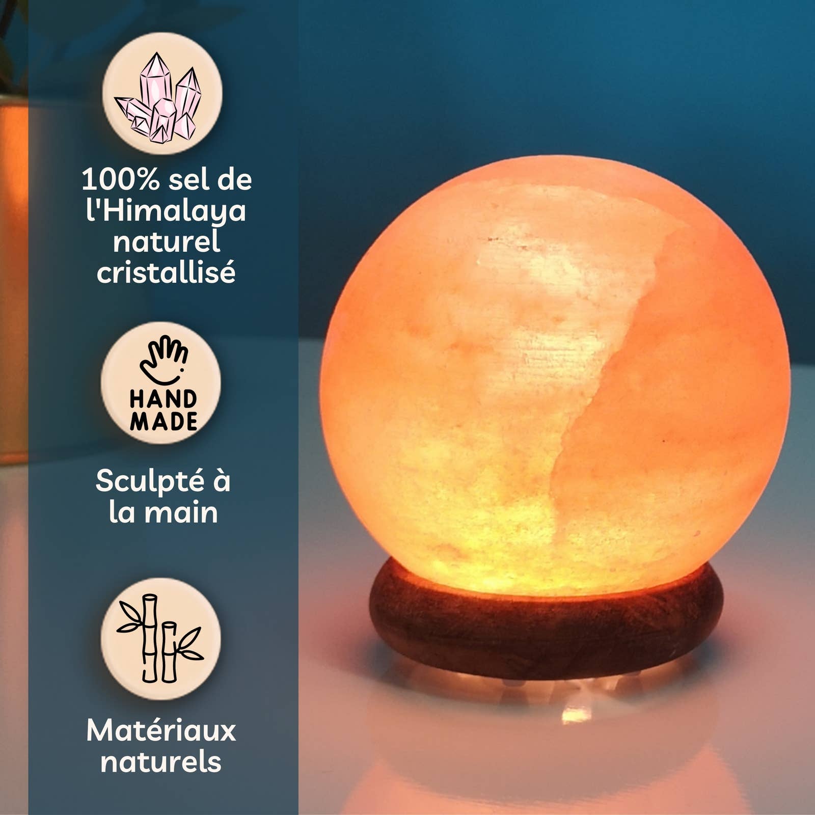 Zen'Arôme - Vente Lampes à sel - Lampe Sel de l'Himalaya Sphère sur prise USB + éclairage Led3