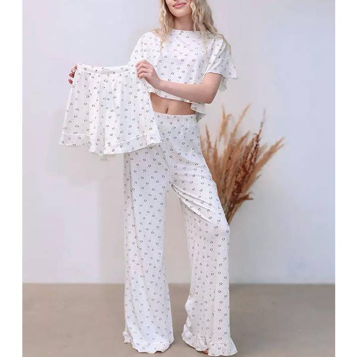 White Valentine's Day love pajamas pants three piece set for wholesale on Faire