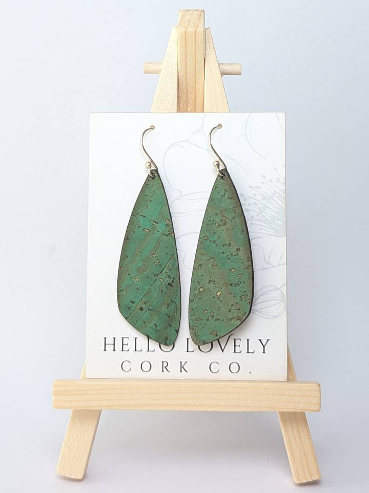 Grass Green Cork Earrings - Small Wing for wholesale by Hello Lovely Cork Co.
