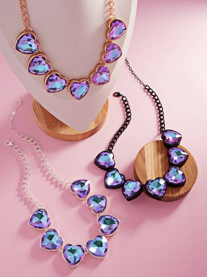 7 Hearts Shaped Glass Rhine Stone Short Necklace for wholesale by Designature New York