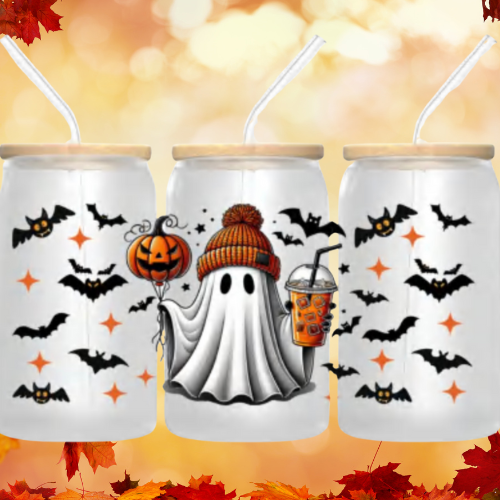 MySunshineCandless - Wholesale Drinking glass/cup - Libbey Cute Ghost Halloween 16 oz Glass Can Tumbler with Lid & Straw Spooky Season Gift for Iced Coffee & Drinks3