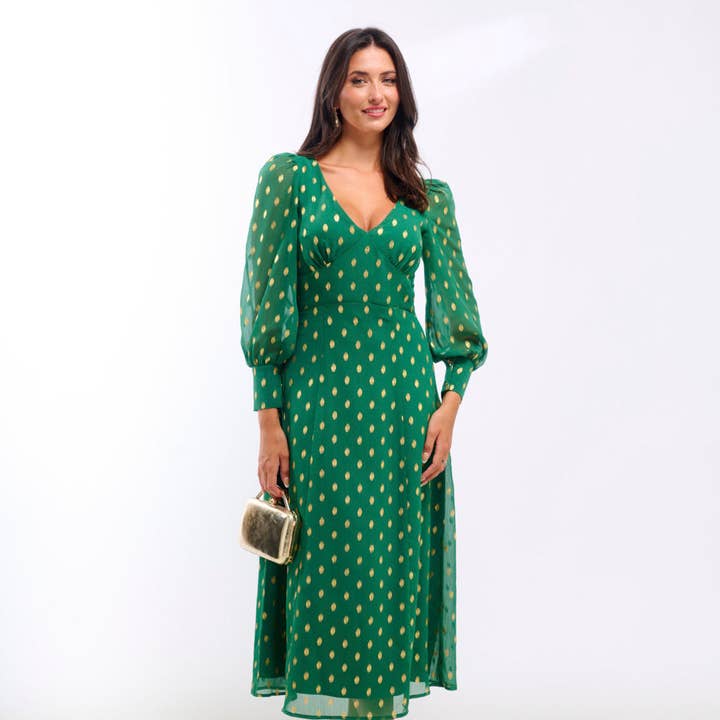 Vestido Midi de Manga Comprida em Folha Verde por atacado de Needs No Label