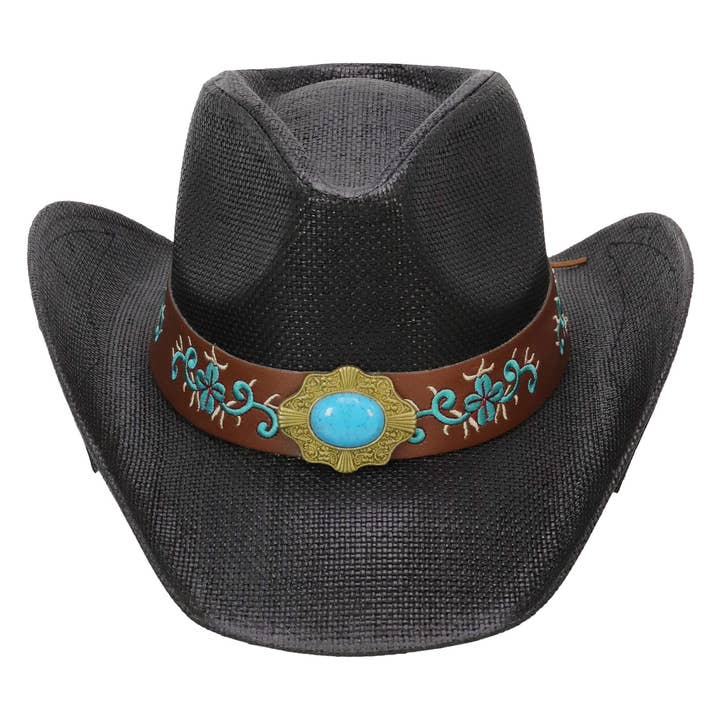 Cap Zone - Wholesale Cowboy Hat - Women's - Embroidered Turquoise Flower Straw Cowgirl Hat1