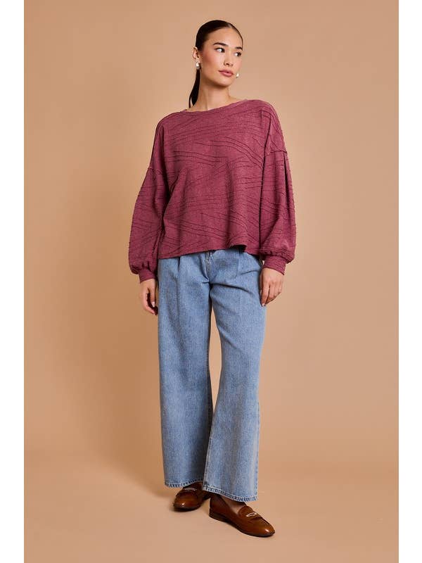 Wine LONG SLEEVE BACK OVERLAP TOP for wholesale on Faire