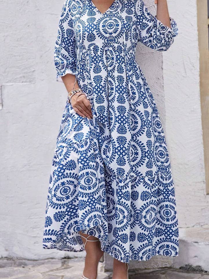 Sky Blue Geometric Print Lace-up Notch Neck Plus Size Maxi Dress for wholesale on Faire