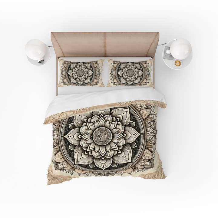 Conjunto de capa de edredão com capa de edredão reversível Bohemian Mocha Gold Indian Mandala por atacado de Adore India