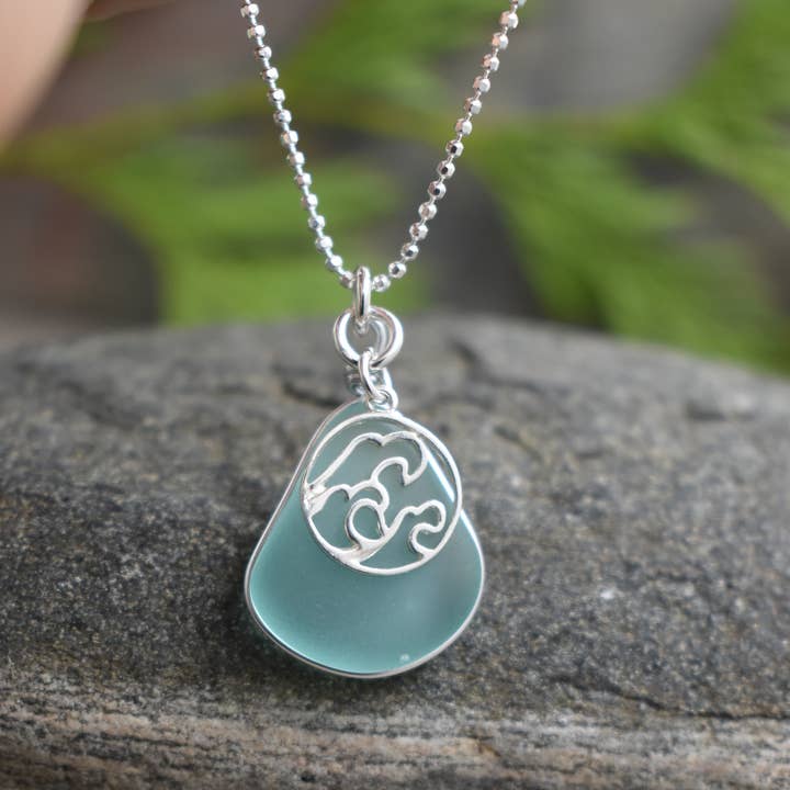 Eco glass "Ocean Wave" silver necklace for wholesale by Whitelotus Design