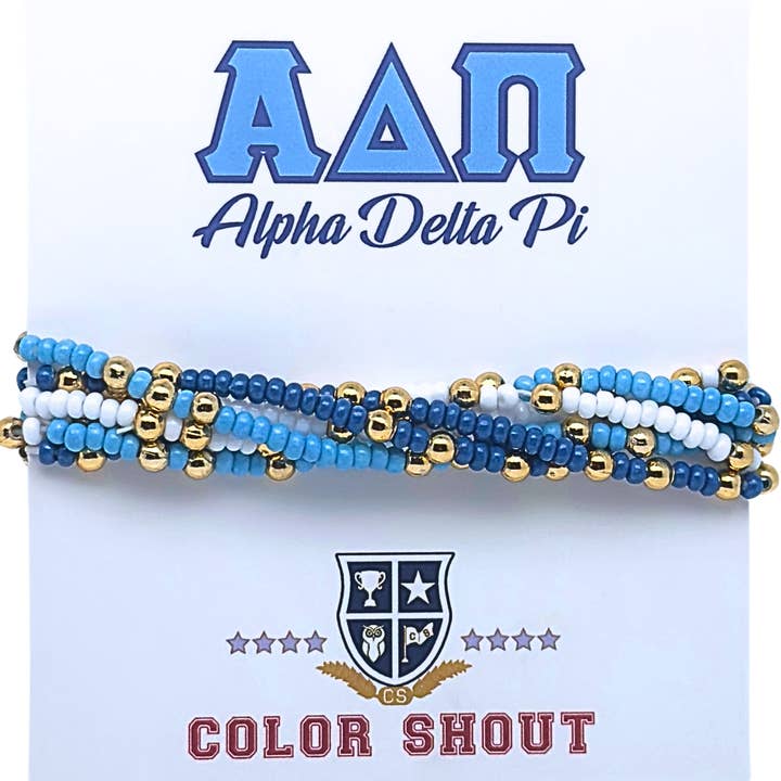 B201 ADP- Alpha Delta Pi Farver Stak: Sæt med 6 Perlearmbånd med Elastik for engroshandel hos Color Shout