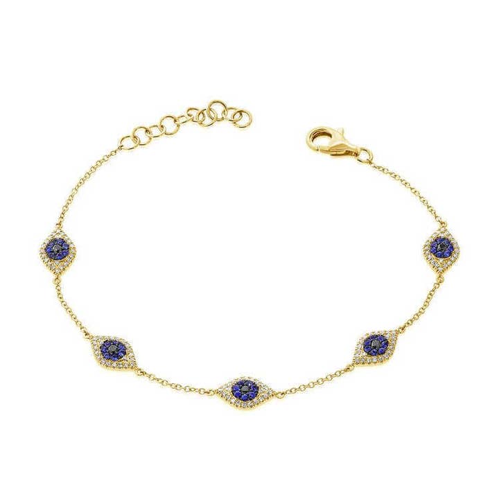 14K Gold Diamond & Sapphire Evil Eye Station Bracelet for wholesale by Izakov Fine Jewelry