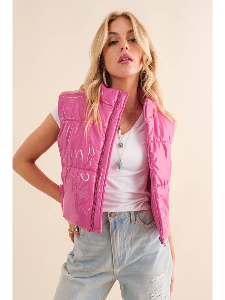 Blue B - Wholesale Outerwear Vest - Women's - 22656J - Gloss Shiny PU Quilted Puffer Zip Up Crop Vest1