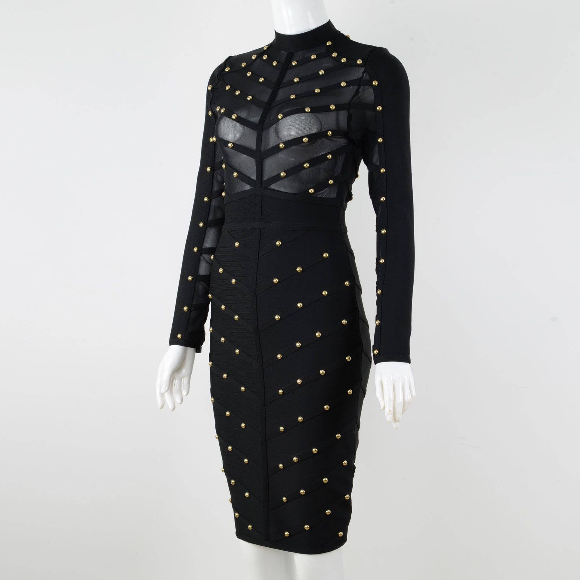 Black SY290 Glamorous Mesh Long Sleeve Bandage Dress for wholesale on Faire8