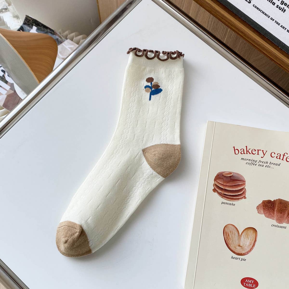 ACCITY - Wholesale Socks - Women's - White coffee color Floral Print Crew Socks_CWMS02981