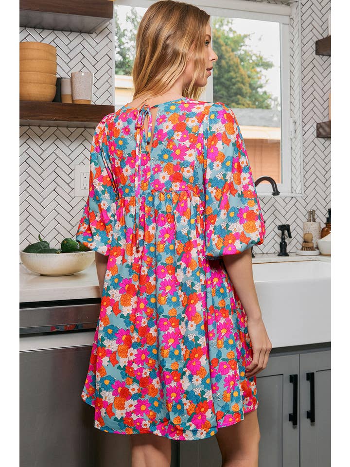 Blue Fashion-W Floral Tie Split Neck Bubble Sleeve Babydoll Dress for wholesale on Faire