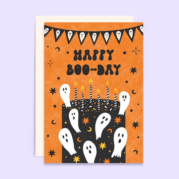 Biglietto di compleanno Happy Boo Day | Divertente biglietto di Halloween per la vendita all'ingrosso da parte di Tikkled Pink