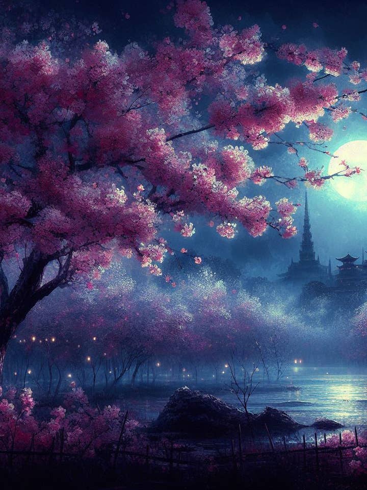 Cherry Blossoms in The Moonlight Digital Painting for wholesale by Keep Calm Collection