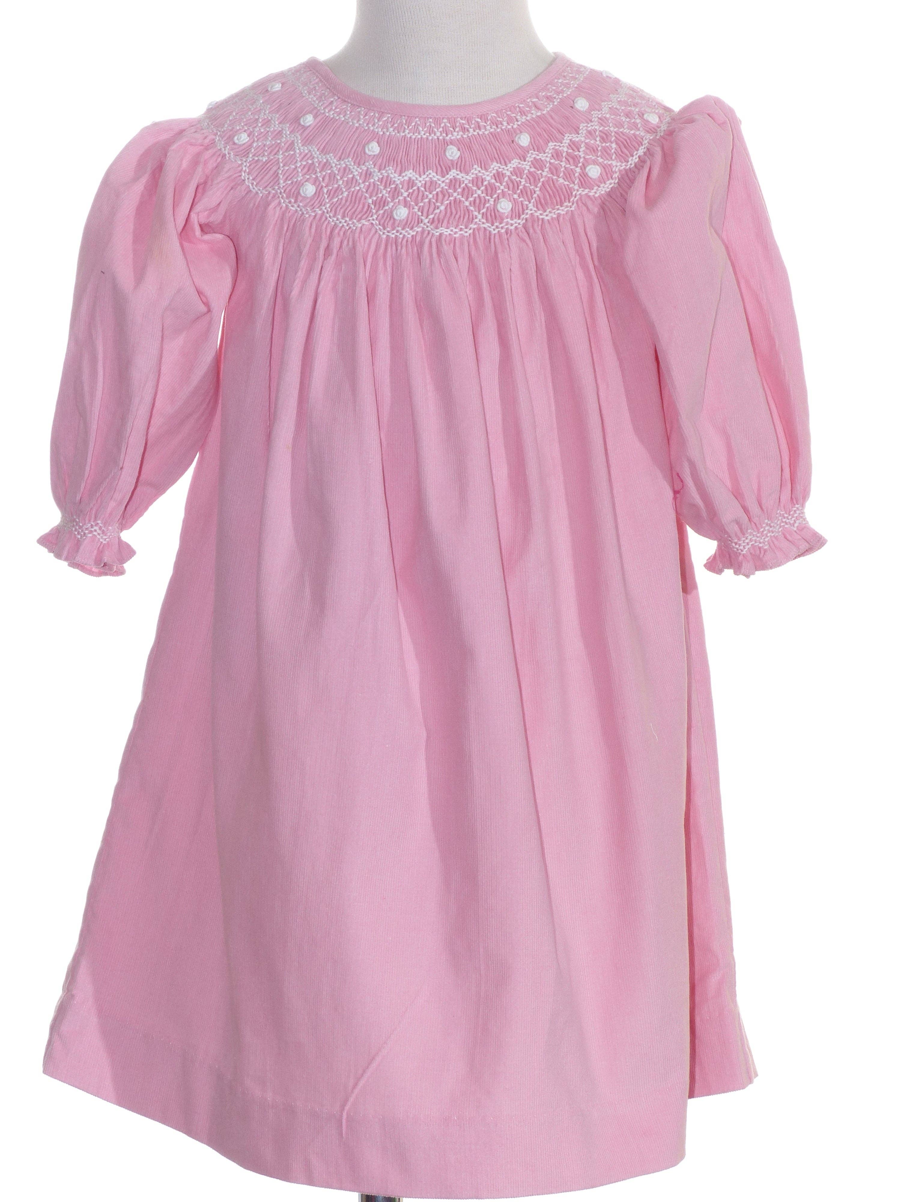 Hello Bebes! - Wholesale Dress - Kids - Pink Corduroy Geo Smocked With Pearl Long Sleeve Bishop Dress1