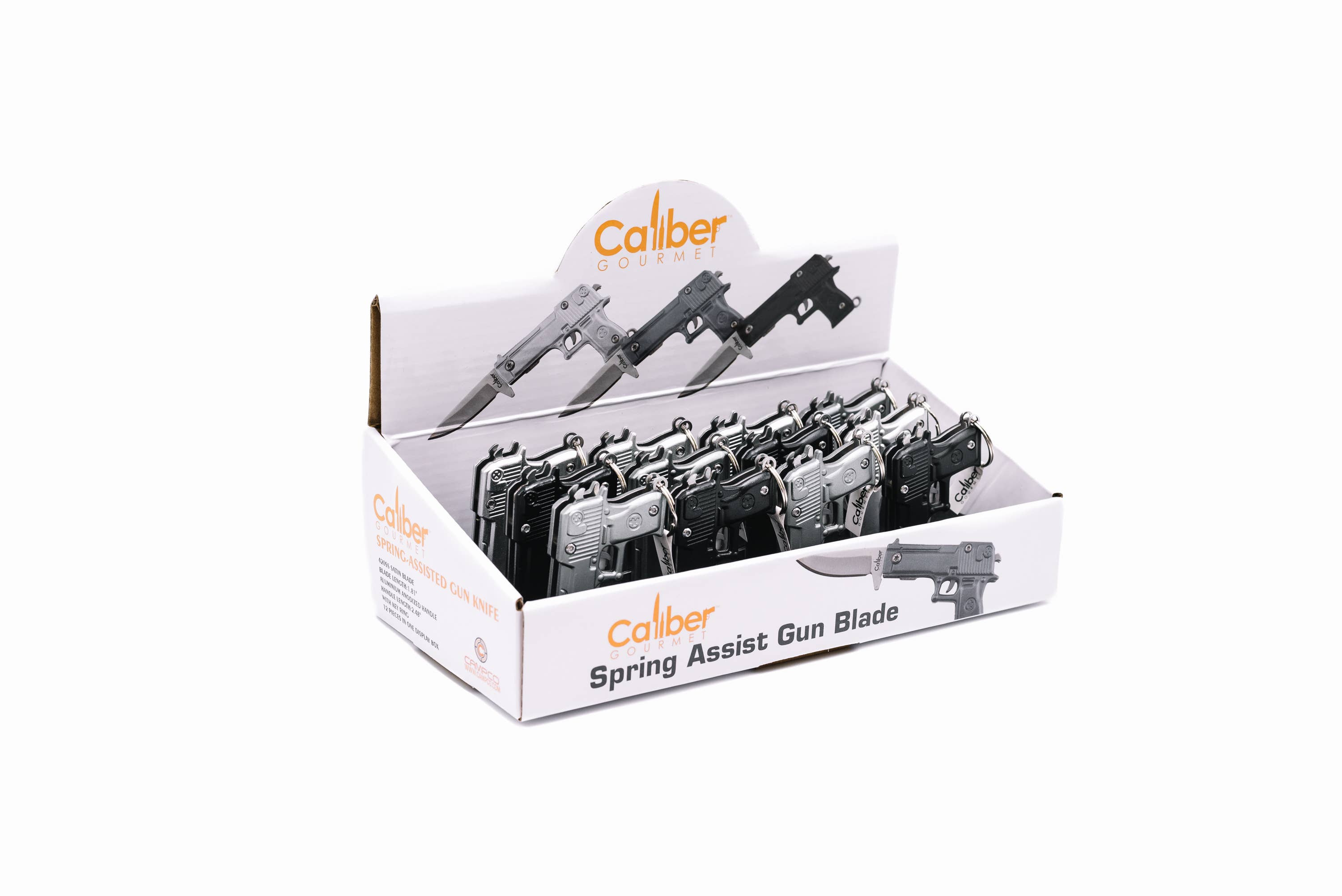 CALIBER GOURMET / CAMPCO - Wholesale Pocket Knife/Holder - Gun Knife Key Chains Display of 12
