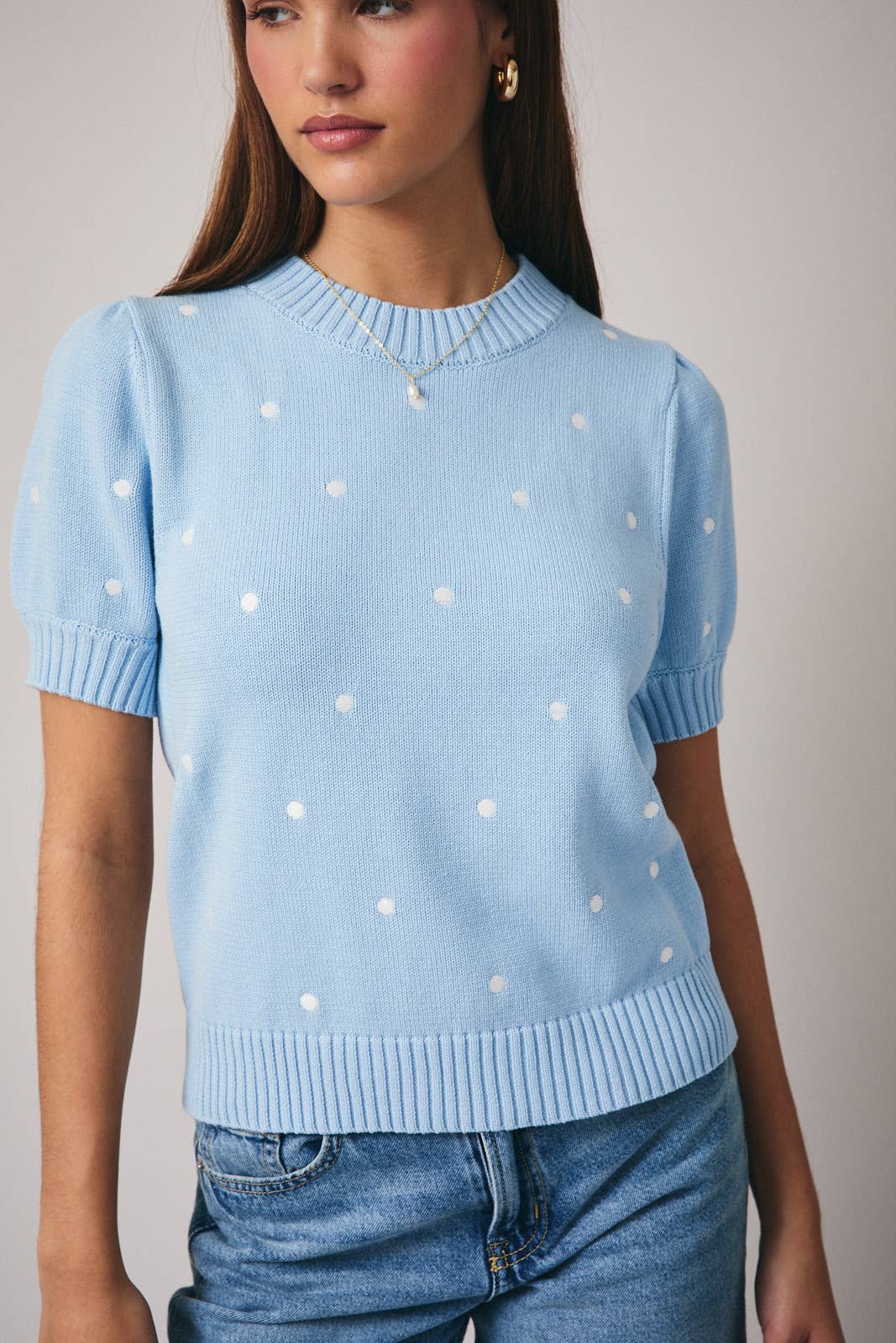 Sunday Edition - Wholesale Knit Sweater - Women's - ROUND NECK PUFF SHORT SLEEVE "POLKA DOT" EMBROIDERED SWEATER28