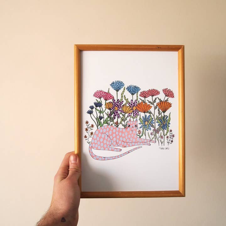 Spotty Cat and Flowers A4 Art Print for wholesale by I LIKE CATS