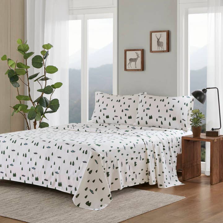 Green Trees & Trucks Novelty Cotton Flannel Sheet Set for wholesale by Olliix