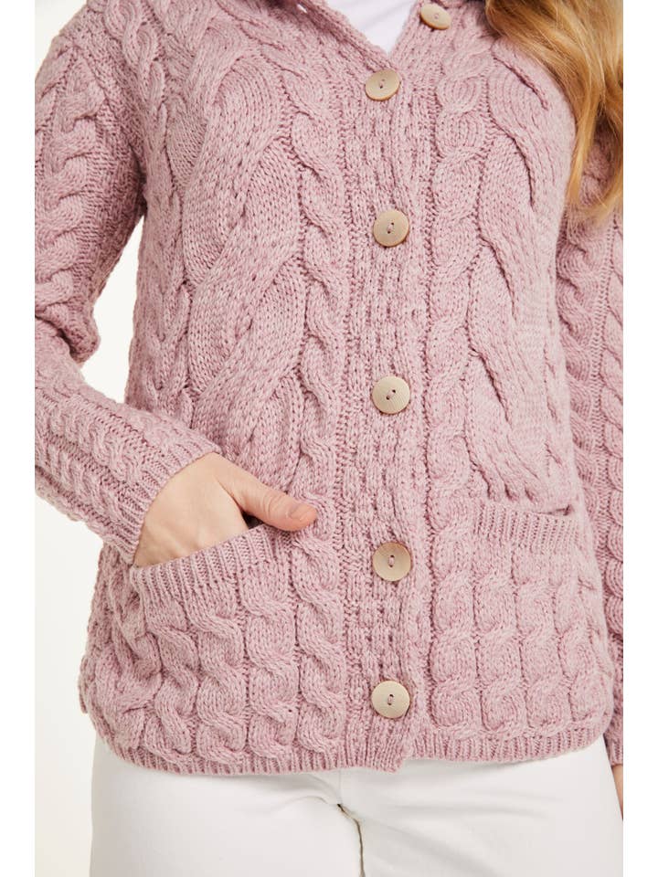 Aran Woollen Mills – Engroshandel Cardigan - Dame – Belcarra Dame Aran Cardigan - Blush Pink3