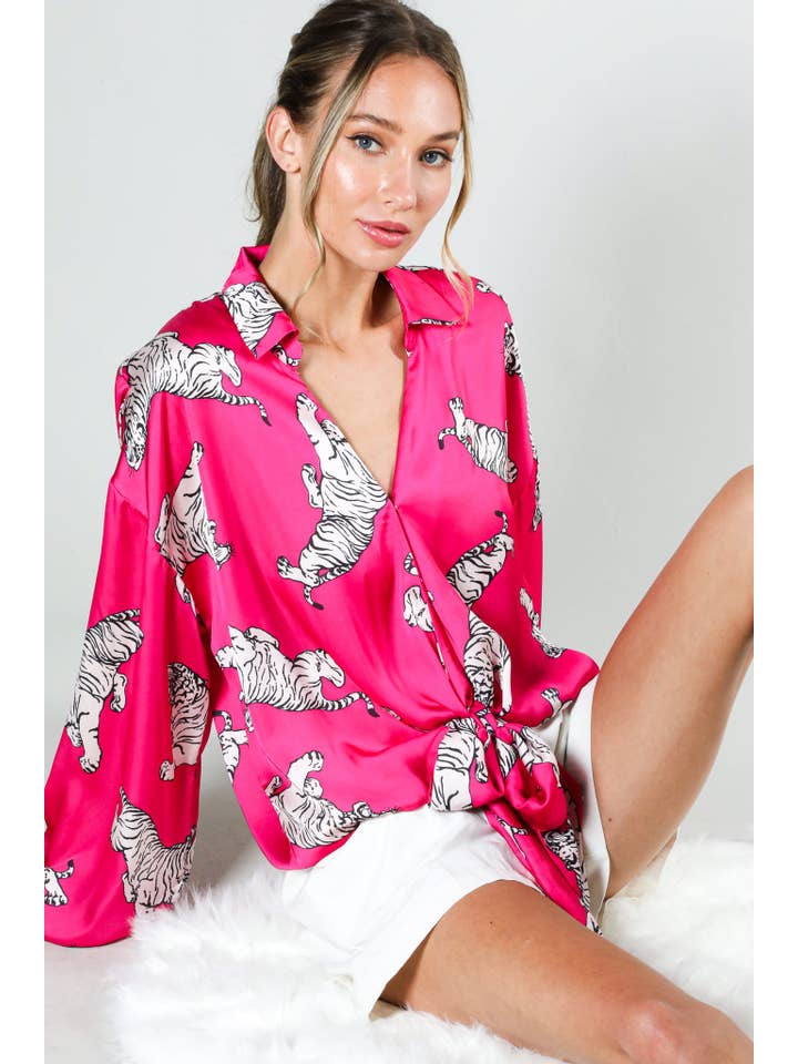 Vine & Love - Wholesale Button Down Shirt - Women's - Long puff sleeve tie front tiger printed satin top VT81497A