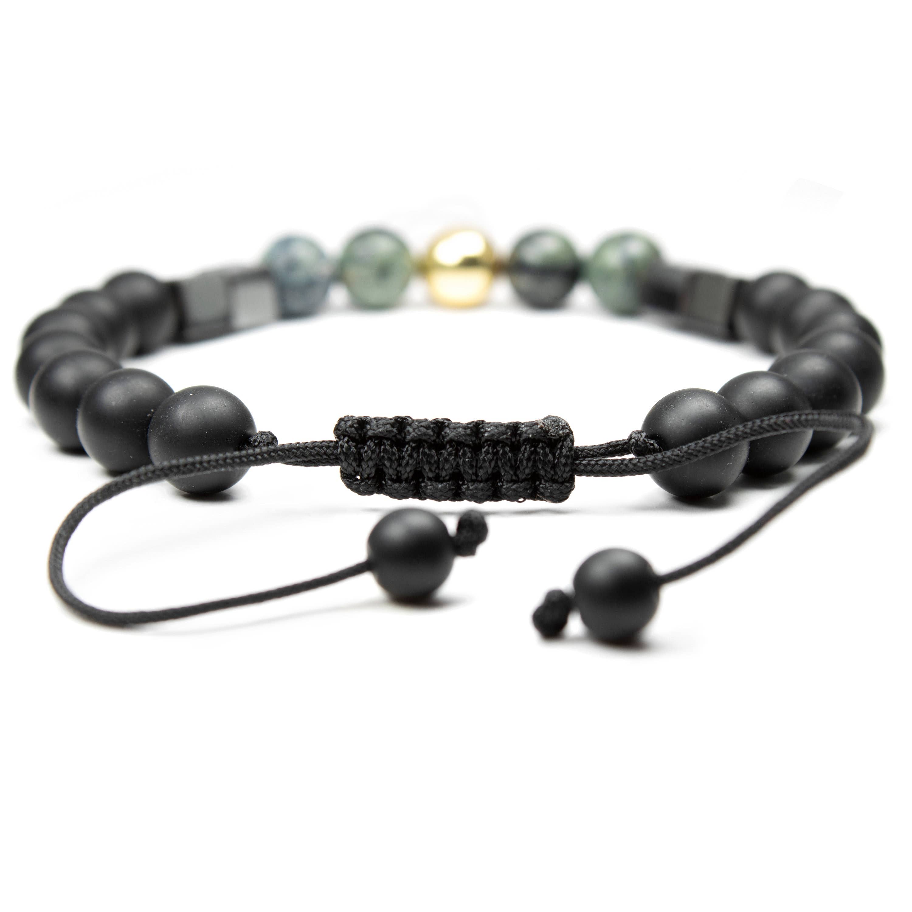 Mana Gallery – Pulseira de missangas por atacado – Elegância Terrena: Ónix, Jaspe Kambaba e Hematita Cúbica2