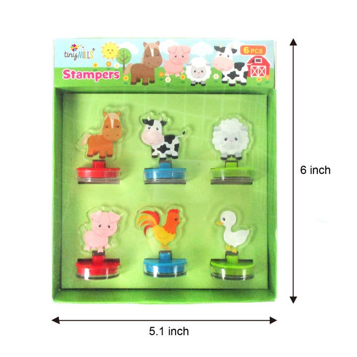 Tiny Mills - Vendita all'ingrosso Timbro in gomma/decorativo - Bambini e neonati - Timbri autoinchiostranti in acrilico con animali da fattoria, 6 pezzi