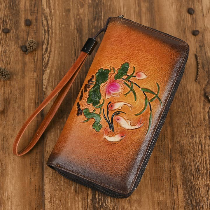 Embossed Leather Wristlet Wallet with Koi Fish and Floral De for wholesale by Modenaire