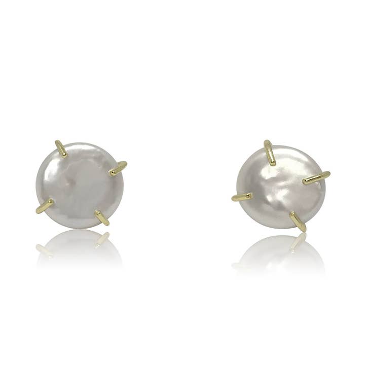 white coin pearl stud earrings, 18k gold vermeil for wholesale by Lustrous Jewellery