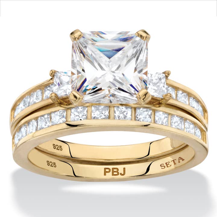 Princess-Cut CZ Wedding Ring Set in Gold-Plated Silver for wholesale by PalmBeach Jewelry