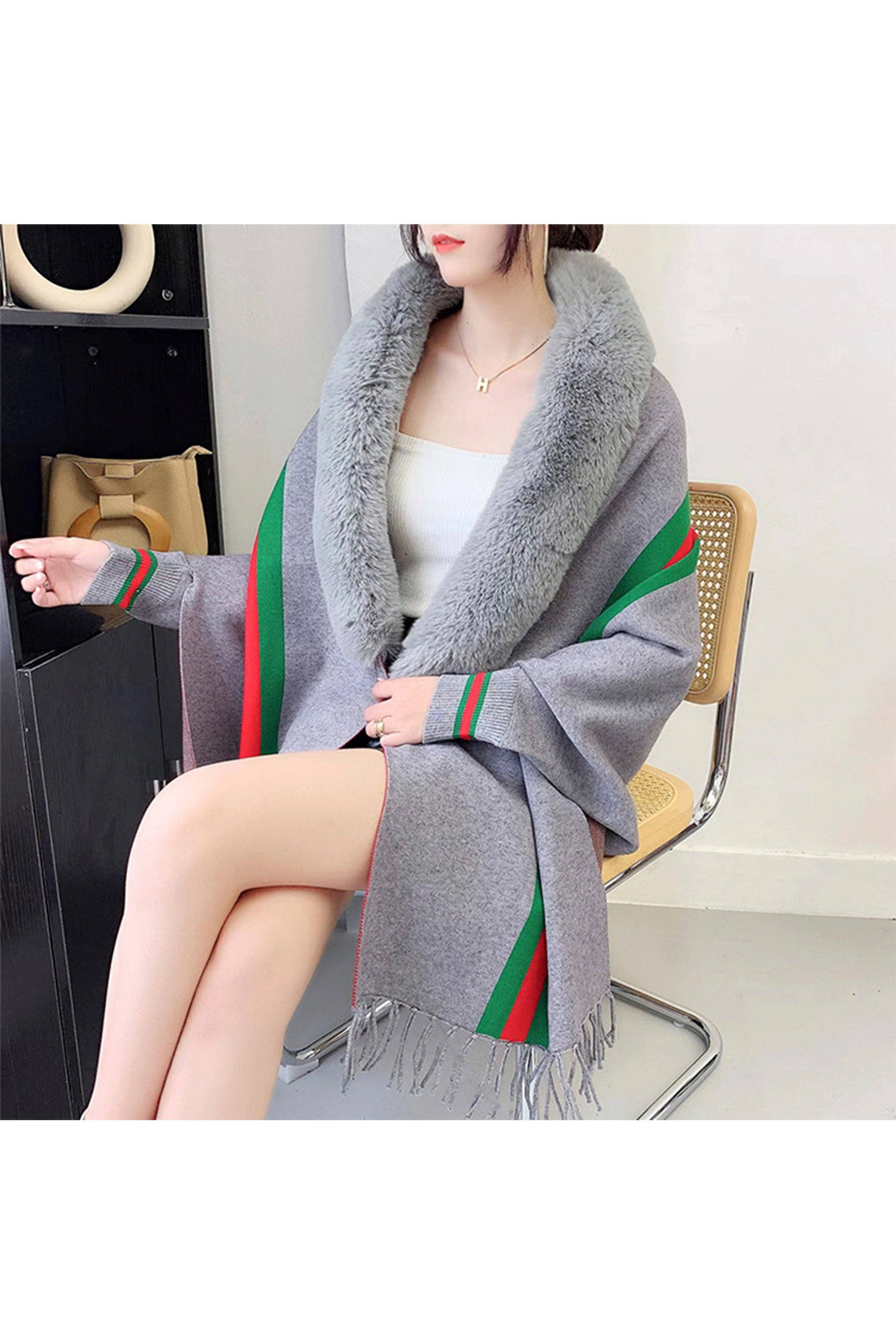 Ole - Wholesale Wrap - Women's - Striped Fur Collar Tassel Shawl S01840
