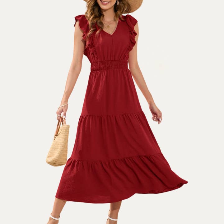 Vestido maxi em camadas com decote em V sólido primaveril sem mangas por atacado de The Moment Collection