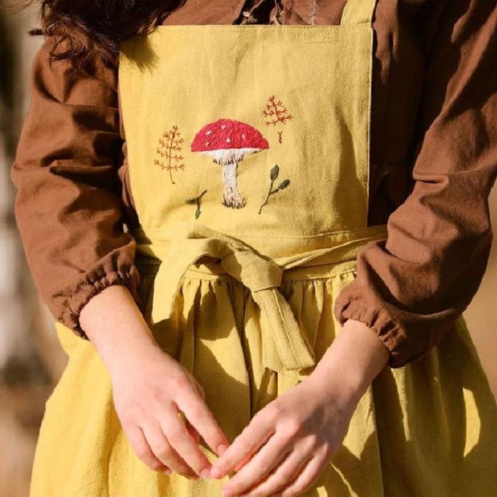 Linen Apron Dress For Women, Mushroom Apron Embroidered for wholesale by EmbroideryNTA
