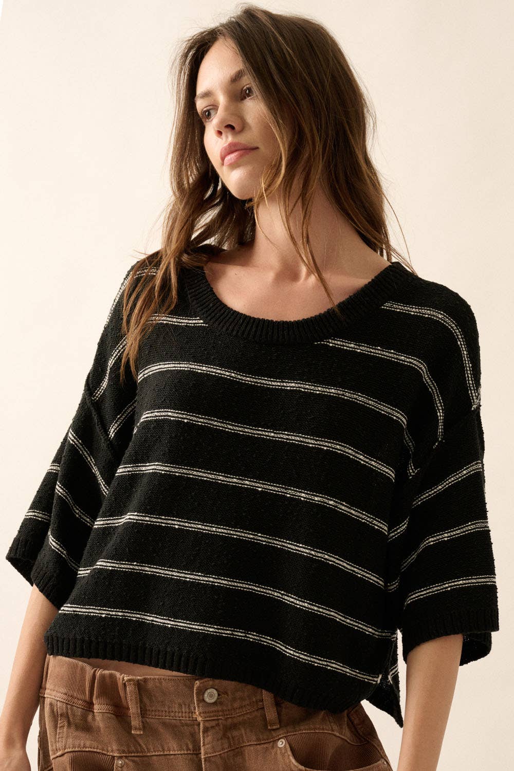 Promesa USA - Wholesale Knit Sweater - Women's - Striped Knit Boat Neck 3/4 Sleeve Loose Sweater