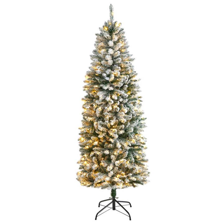 6’ Slim Flocked Montreal Fir Artificial Christmas Tree with 250 Warm White LED Lights and 743 Bendable Branches for wholesale by Silk Flower Depot