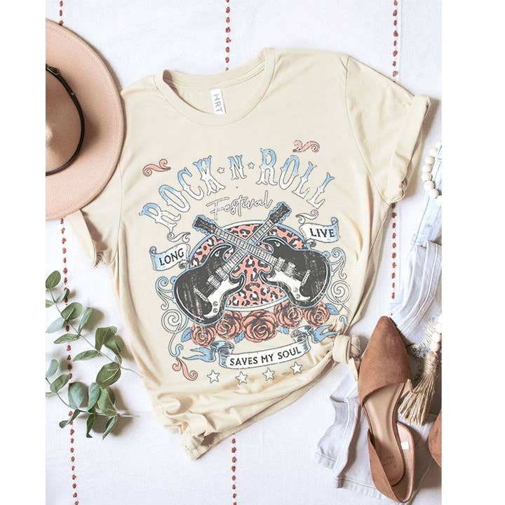 ROCK N ROLL LONG LIVE GUITAR WASHED GRAPHIC TEE for wholesale by HRTandLUV