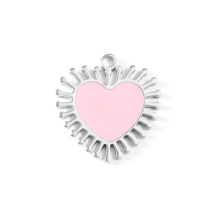 WJW - Wholesale Individual Charm/Pendant - 18K Gold PVD Stainless Steel Epoxy Pink Sun Ray Heart Charm1