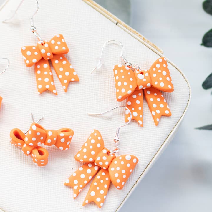 EJ Clay Co - Wholesale Dangle earrings - TN Vols Orange & White Polka Dot Bows2