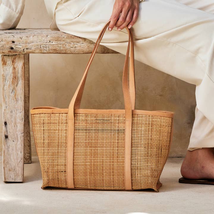The Winding Road - Wholesale Tote Bag - Women's - Rattan Basket Weave Tote Bag with Light Leather