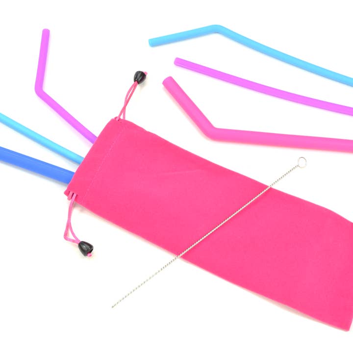 6-Piece Silicone Straw Set with Pink Bag for wholesale by Blu Kabu